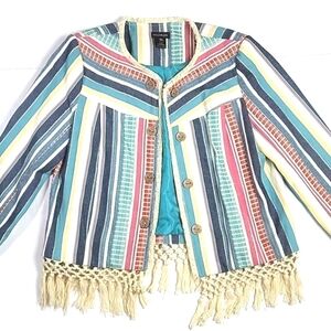 Multiples 100% Cotton Colorful Striped Open Front Macrame Fringe Jacket Blazer